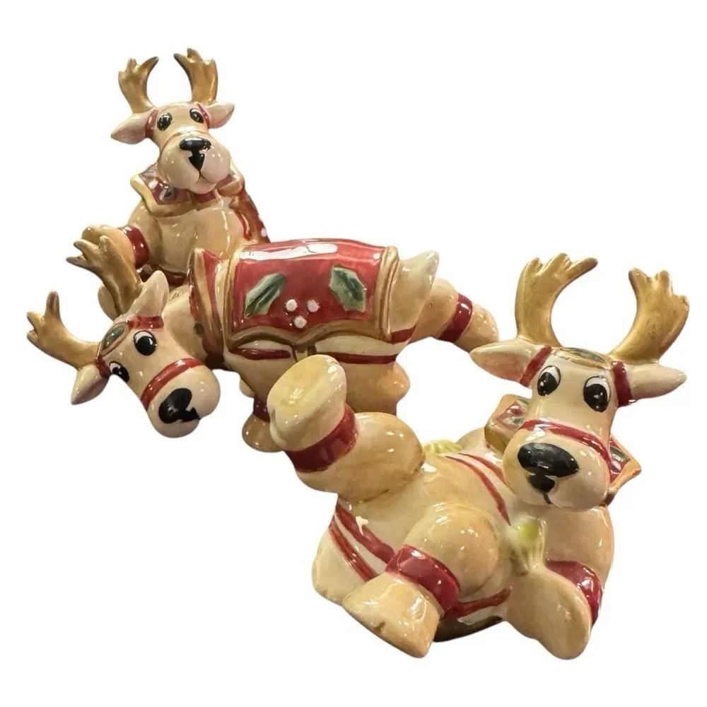 Fitz and Floyd Deer Santa Reindeer Tumbler Figurines Set of Three